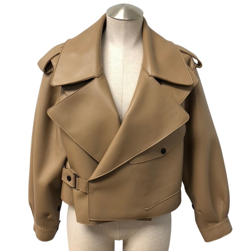 Jessie Liu Moto Jacket Womens S Tan Vegan Leather Cropped Wrap Buckle Epaulet